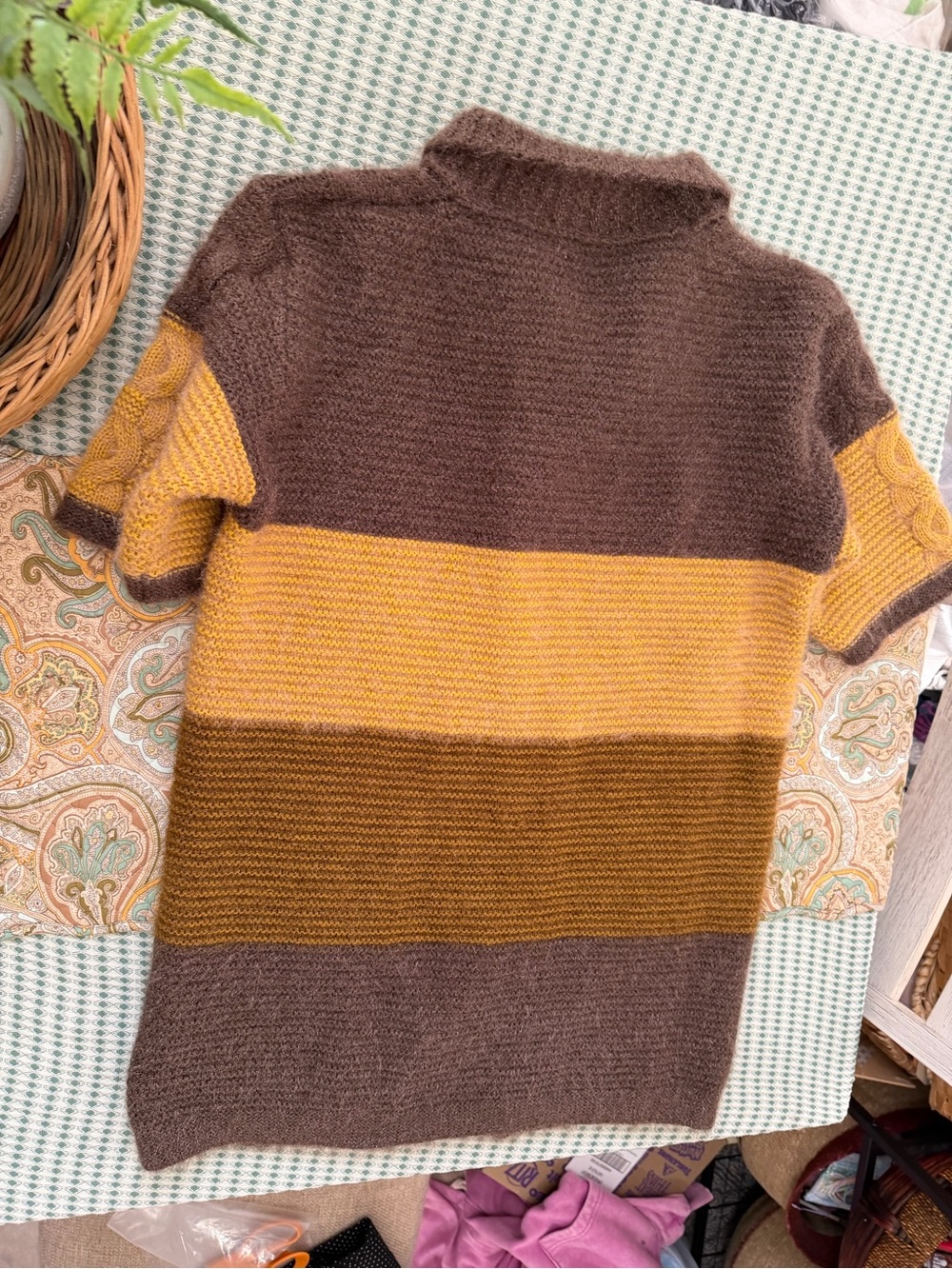 VTG Colorblock Cable Knit Short Sleeve Cardigan Brown Mustard Cottagecore Large - Picture 5 of 16